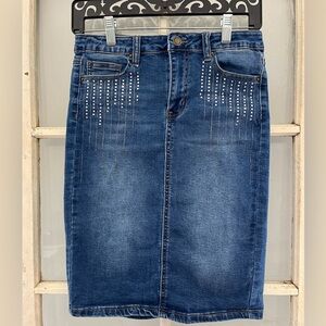 Satin Doll Denim Skirt ! Size S with square rhinestone accents !